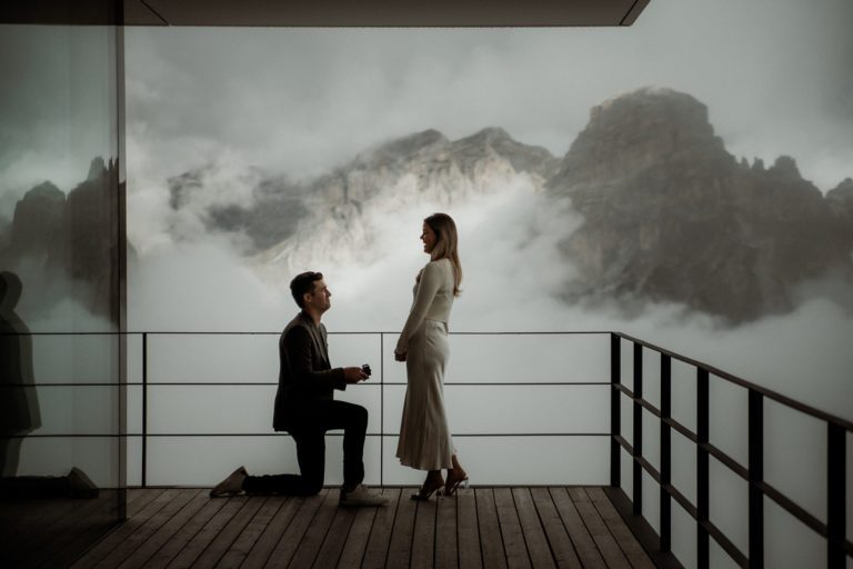 Man Proposing At Piz Boé Alpine Lounge Corvara - Secret Proposal In The Dolomites Restaurant Terrace